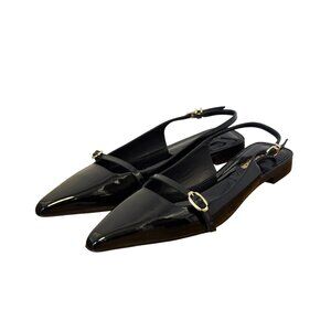 Black Larroude Patent Leather Pointed Toe Slingback Flats With Gold Buckles